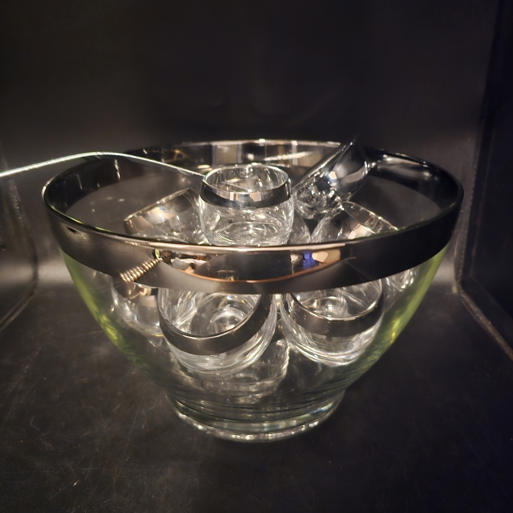 Vintage Dorothy Thorpe‎ Silver Fade Punch Bowl W/12 Roly Poly Glasses
